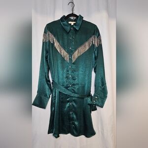 Chic Teal Satin Dress with Fringe Accents